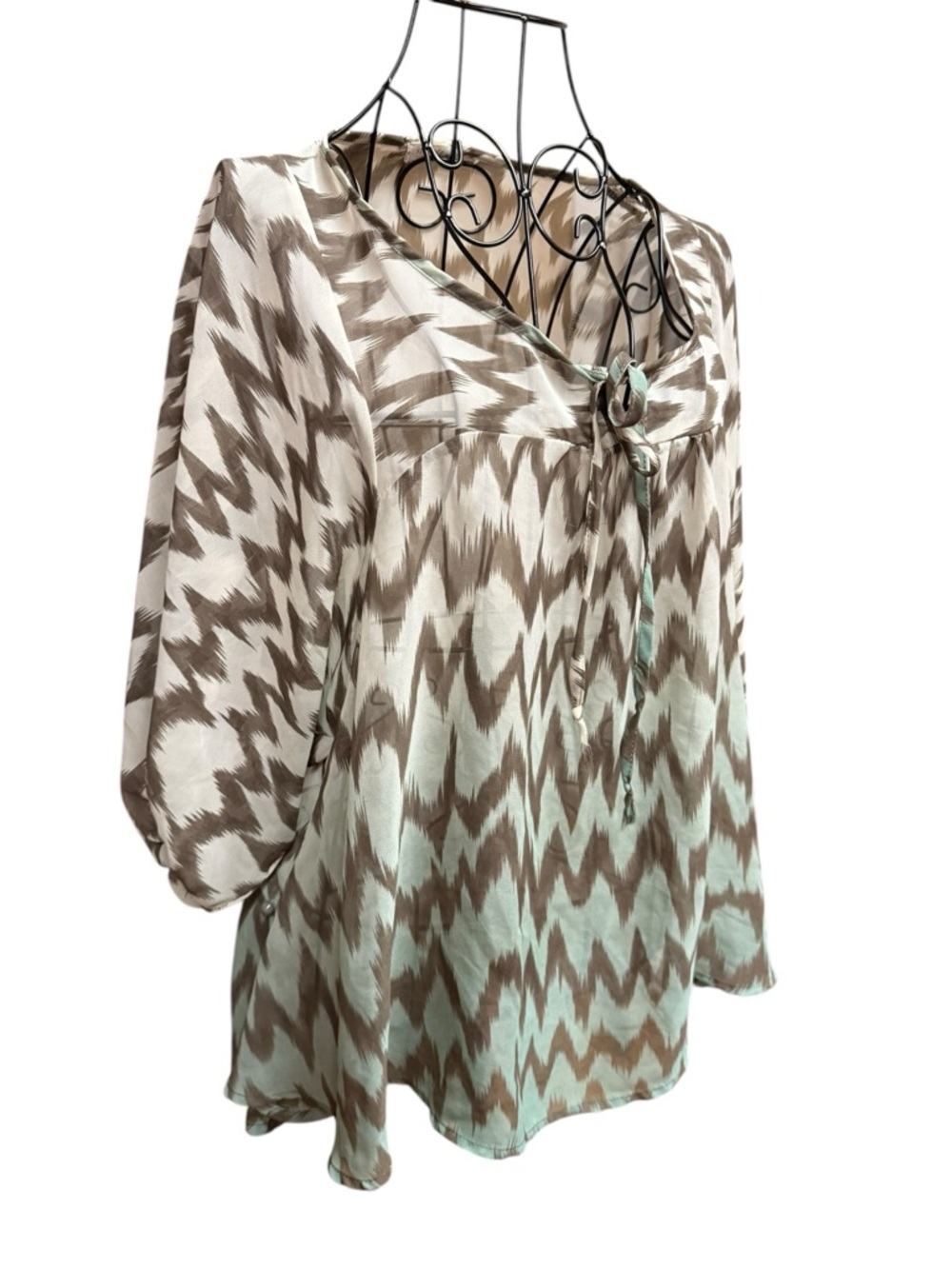 Chevron Tie-Front Peasant Tunic in Mint and Brown Ombré